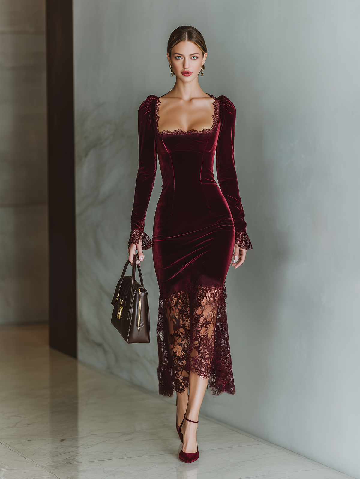 Women's Burgundy Velvet Lace Fitted Maxi Dress MDA1190J4T