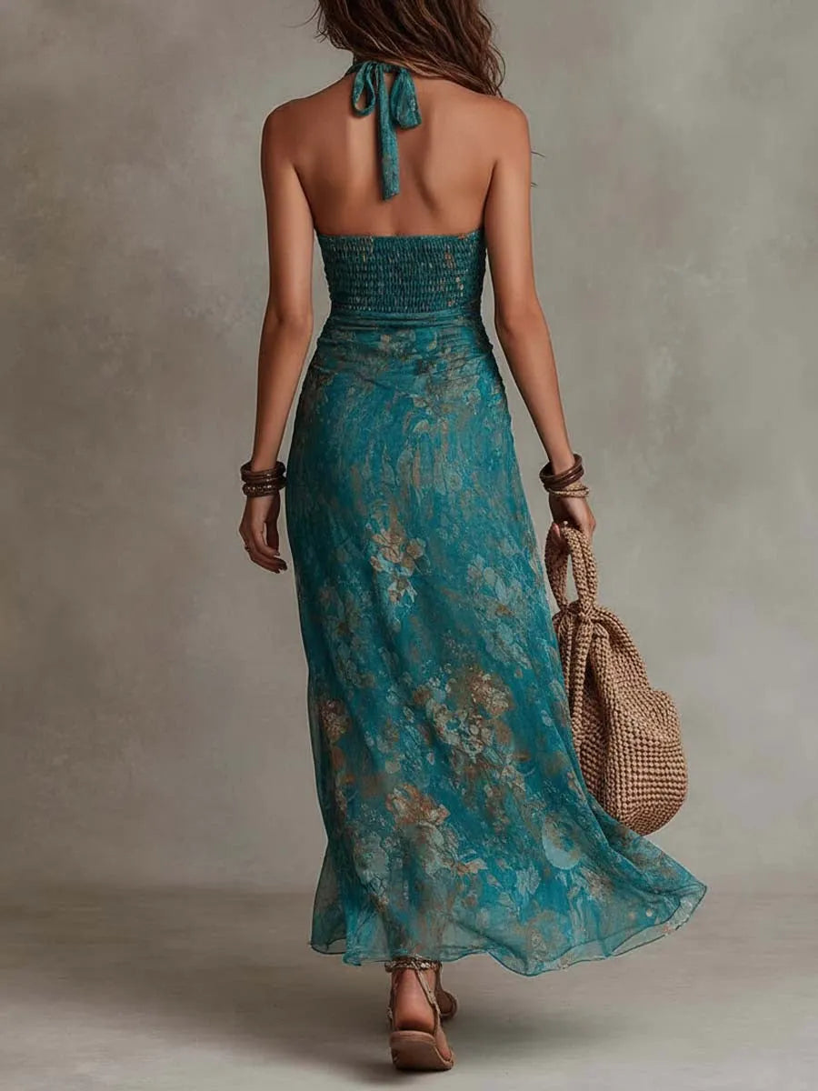 Blue Bohemian Floral Halter Smocked Waist Ruched Maxi Dress