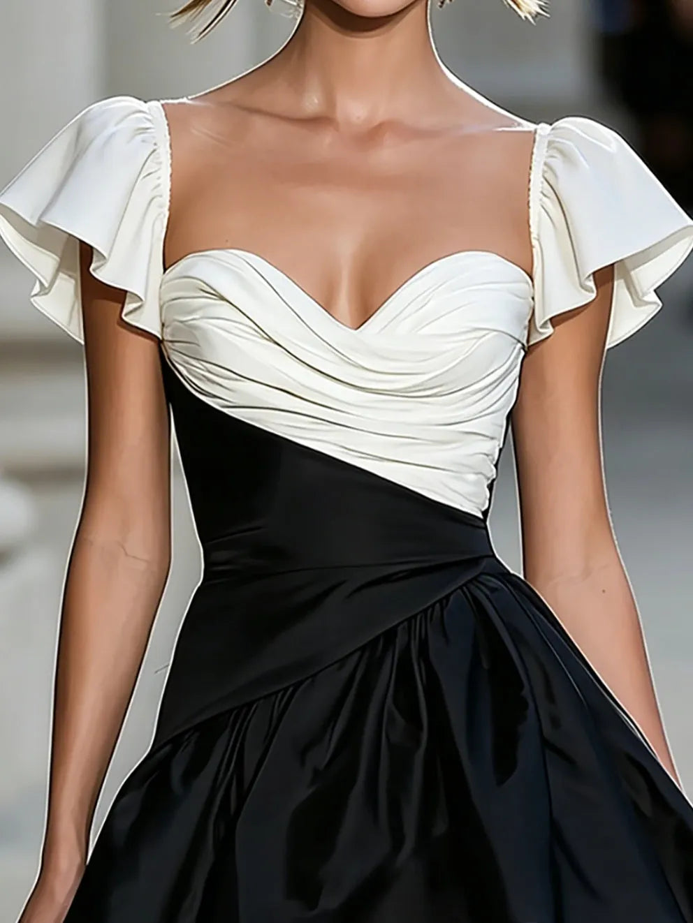 Black and white color-block pleated satin flared mini dress