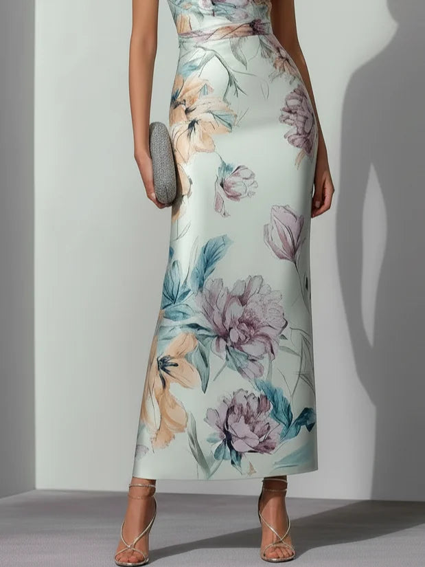 Light Blue Floral Satin V Neck Sleeveless Maxi Dress