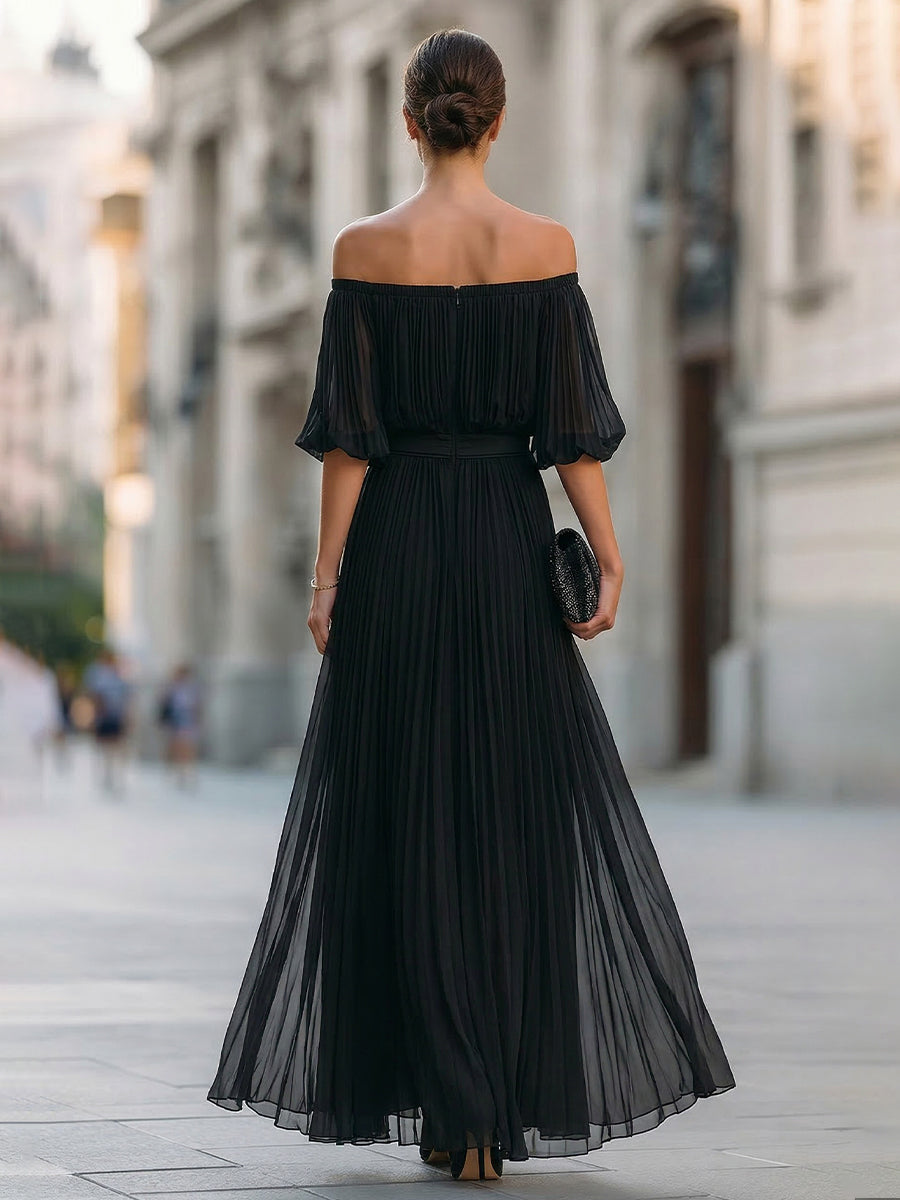 Off-Shoulder Pleated Chiffon Maxi Dress