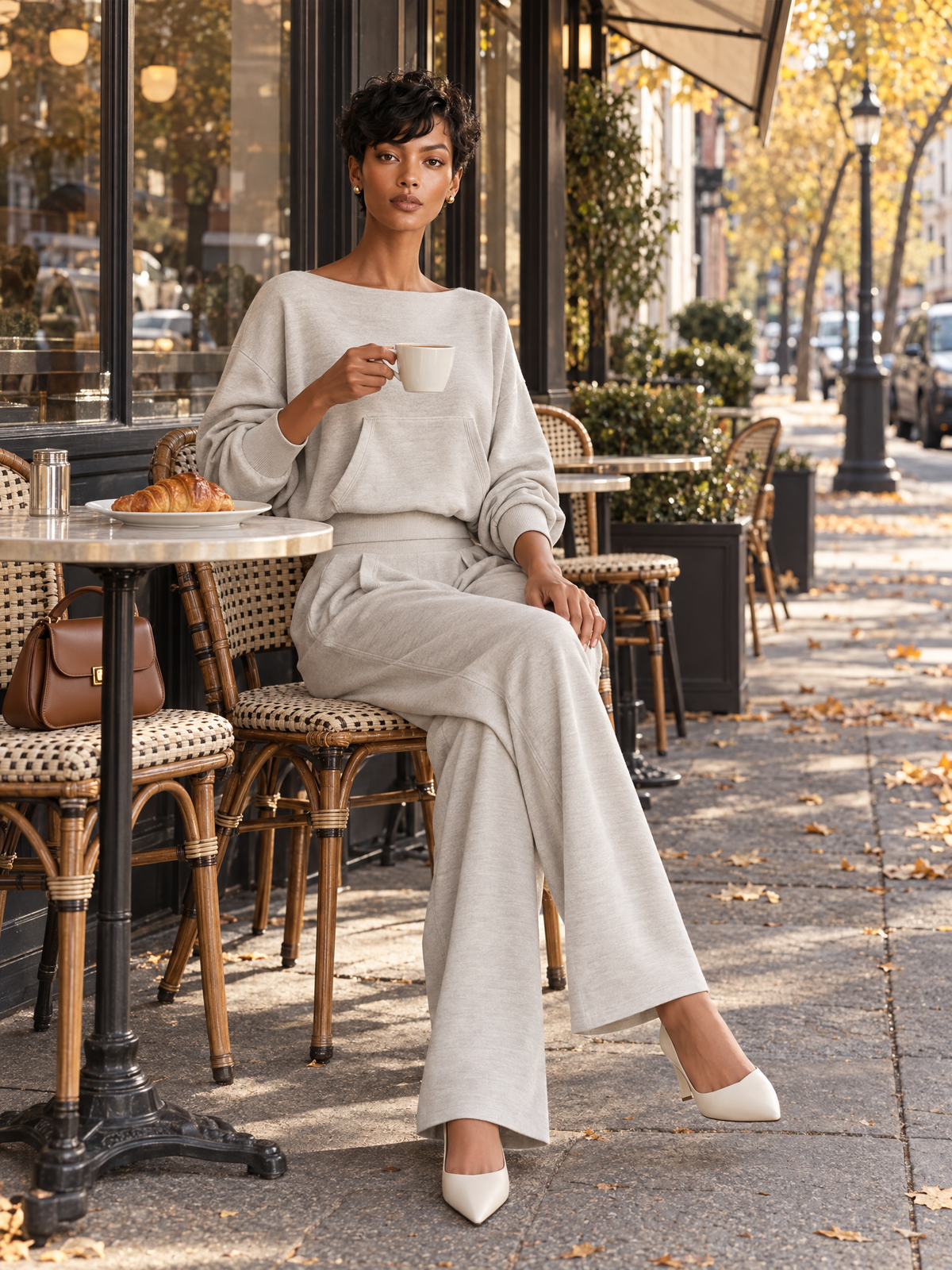 Women's Boat Neck Wide Leg Set Gray Office Outfit