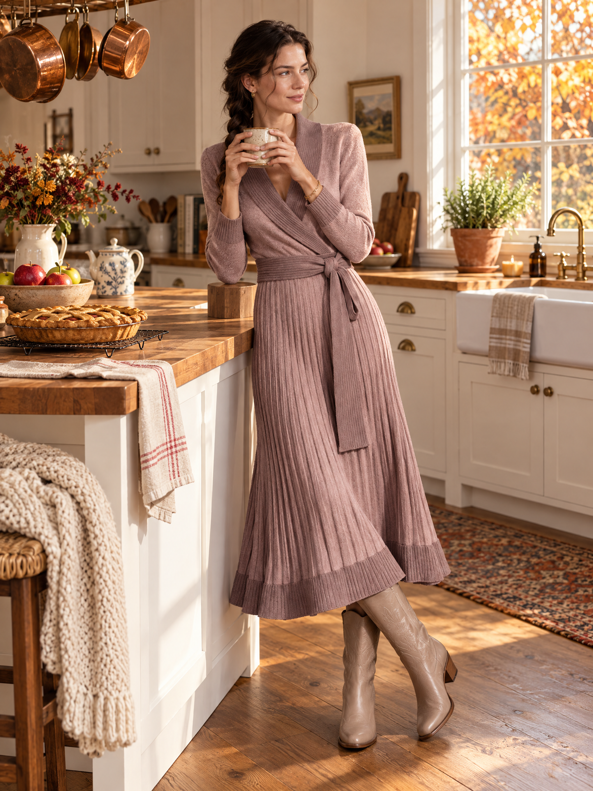 Women's Dusty Rose Shawl Collar Knit Wrap Dress