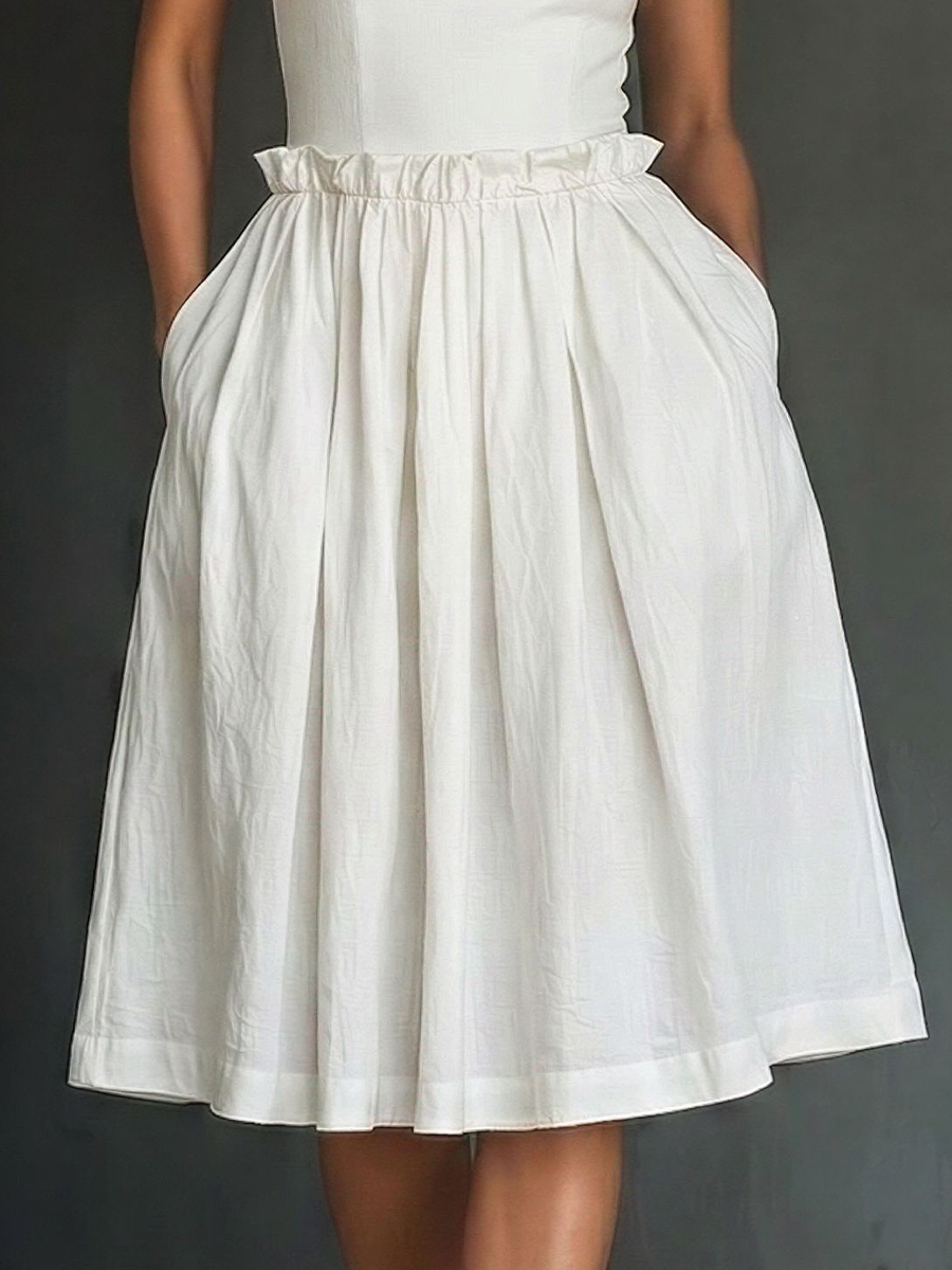 Women’s White Cotton Blend Sweetheart Neckline Midi Dress With Ruffled Waist & Pockets