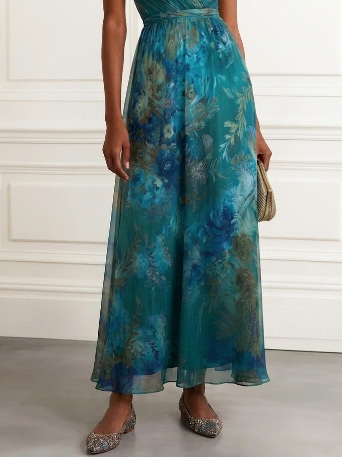 Blue Green Floral Pleated Chiffon V-neck A-line Maxi Dress