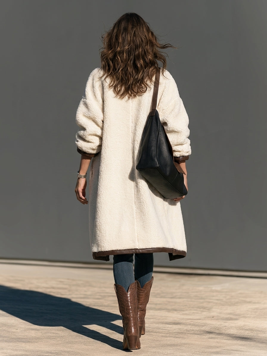 Women's Casual Off-White Fleece And Leather Panel Long-Sleeve Jacket