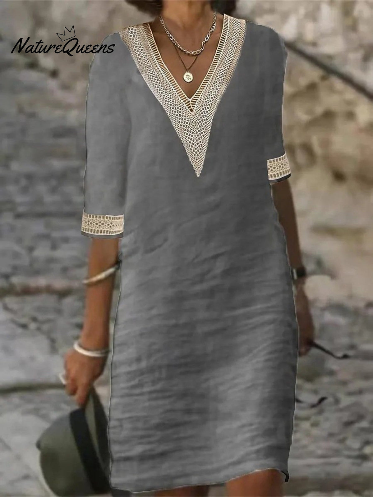 V-neck Mid-sleeved Cotton and Linen Casual Dress