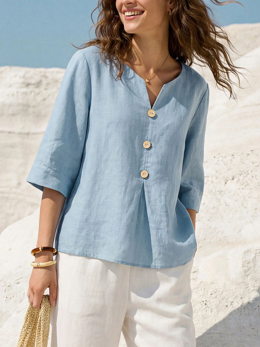 Women's Solid Color V-neck 3/4 Sleeve Casual Loose Cotton Linen Top