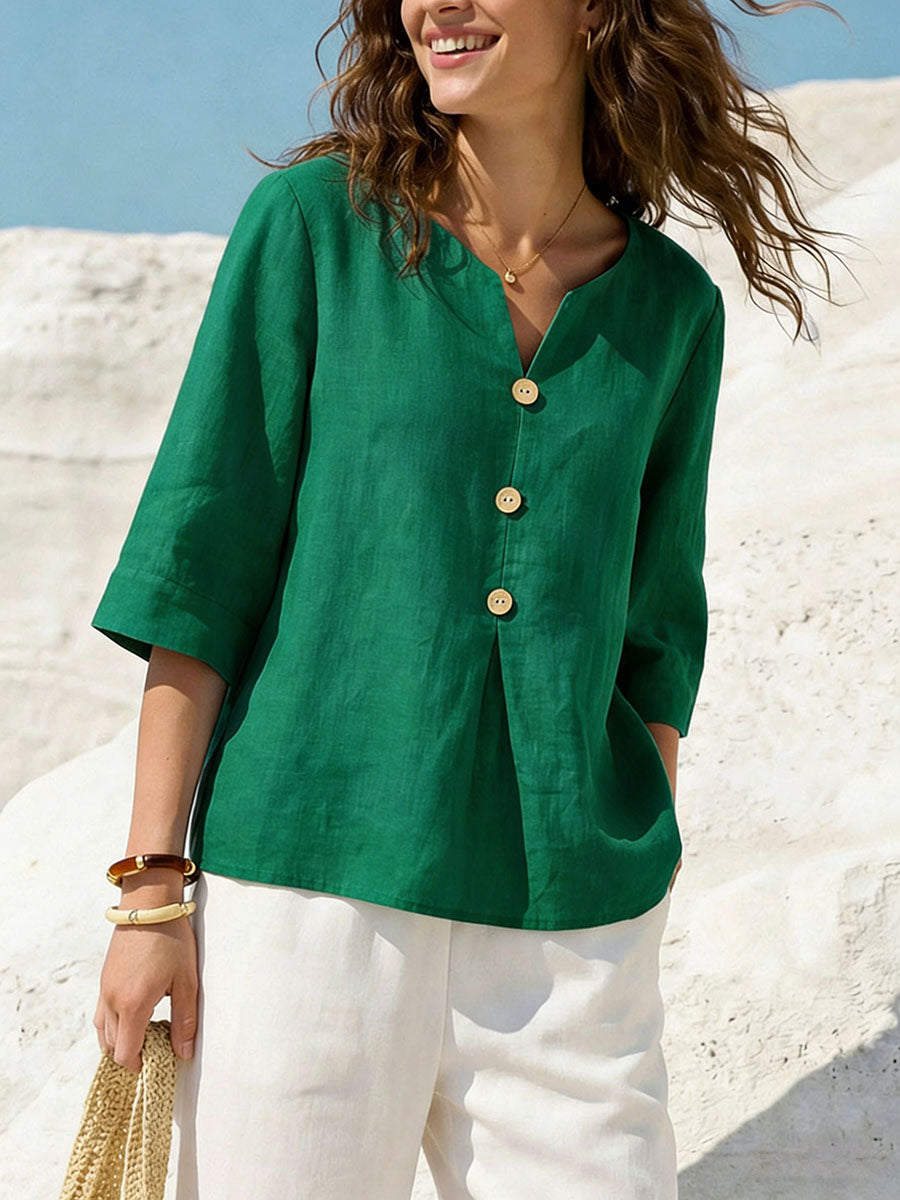 Women's Solid Color V-neck 3/4 Sleeve Casual Loose Cotton Linen Top