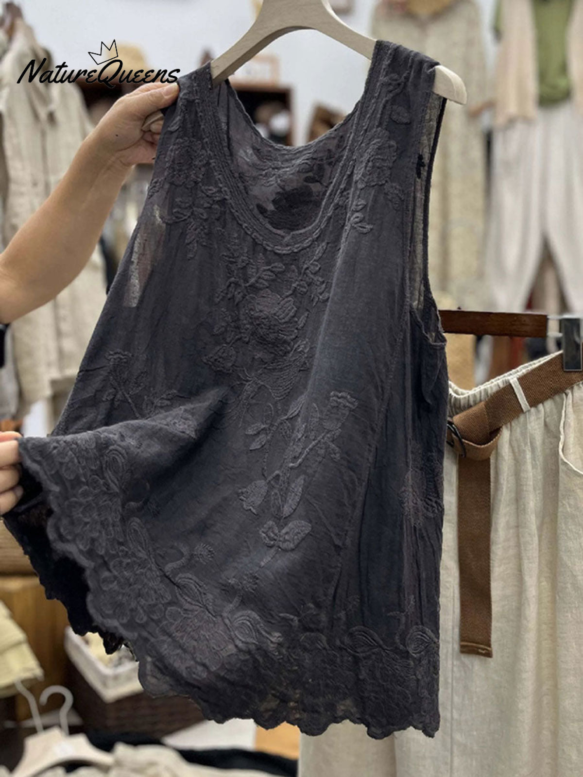 Women's Vintage Lace Sleeveless Cotton And Linen Vest Top
