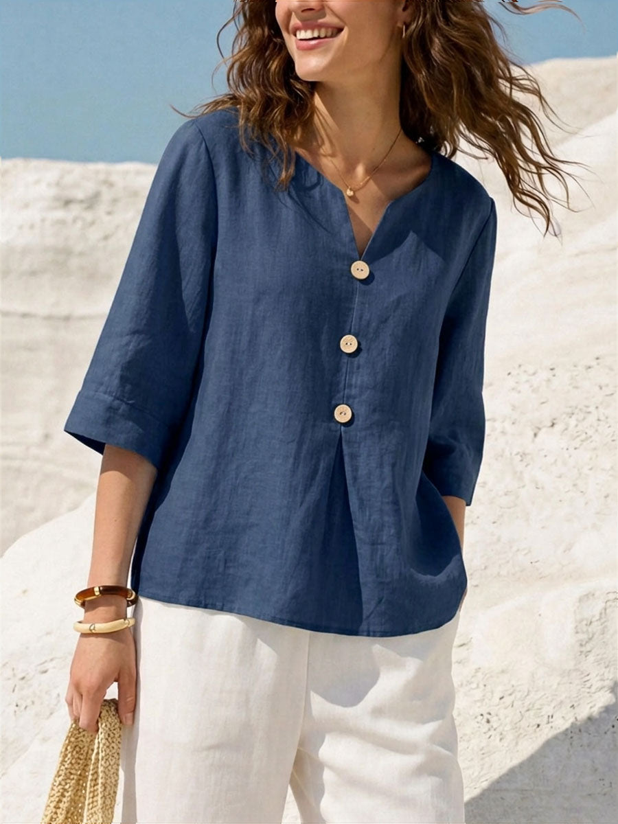 Women's Solid Color V-neck 3/4 Sleeve Casual Loose Cotton Linen Top