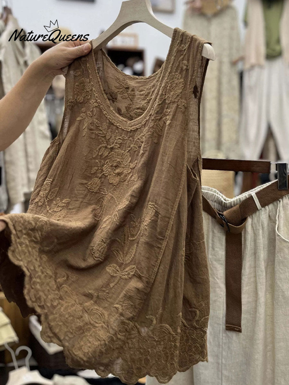 Women's Vintage Lace Sleeveless Cotton And Linen Vest Top